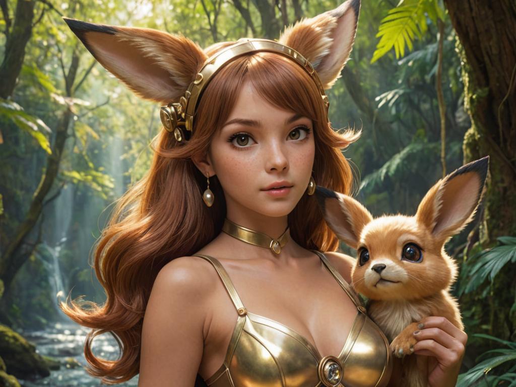 Woman in Glamorous Costume Holding Eevee in Forest