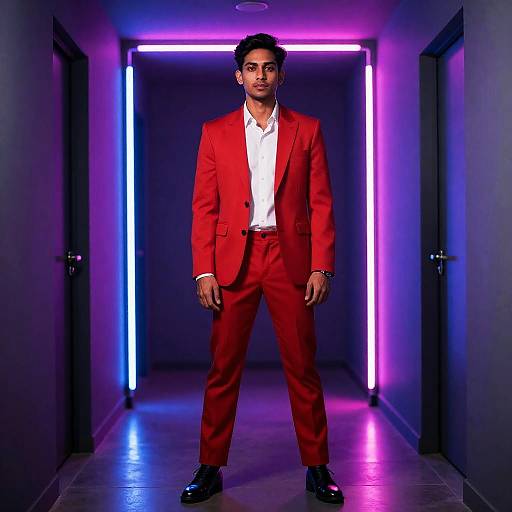 Man in Red Neon Party Outfit Suit Standing in Neon Lit Hallway