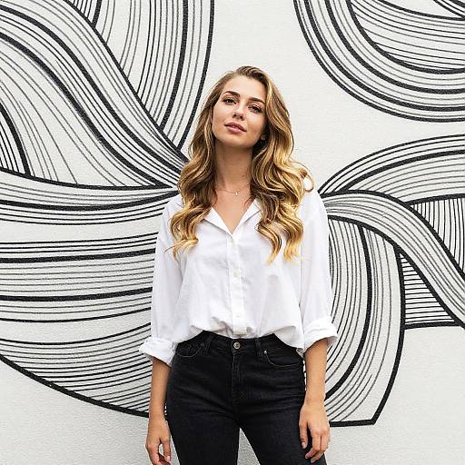 Young Woman in White Shirt Standing Against Abstract Black Line Wall Art