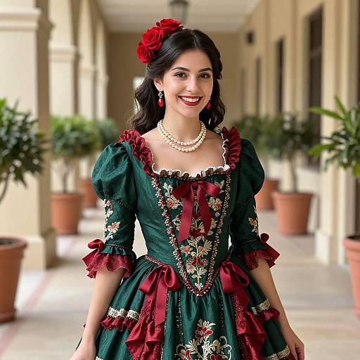 Young Woman in Elegant Renaissance-Style Green and Burgundy Dress