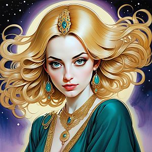 Blonde Woman in Gold and Turquoise Jewelry Against Celestial Background