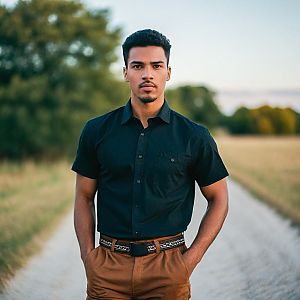 Confident Young Man on Dirt Pathway at Golden Hour