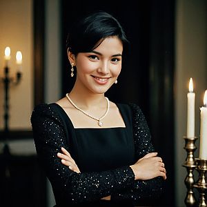 Elegant Woman in Black Dress with Pearls