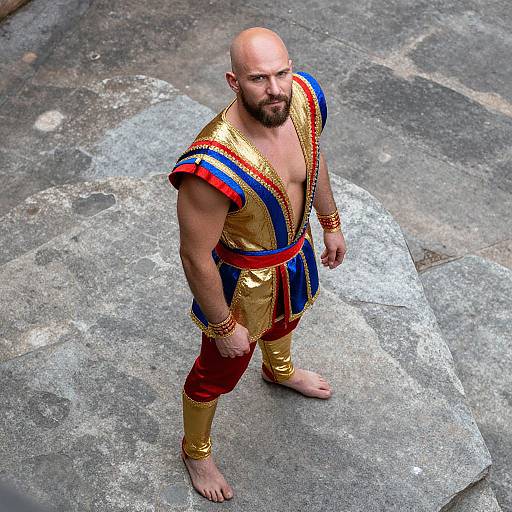 Muscular Bald Man in Ornate Gold, Blue, and Red Costume Standing on Stone Steps