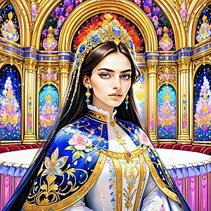 Regal Woman in Opulent Hall with Stained Glass