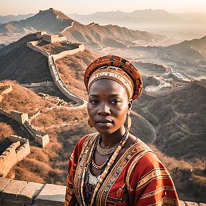 Woman in Traditional Attire at Great Wall of China