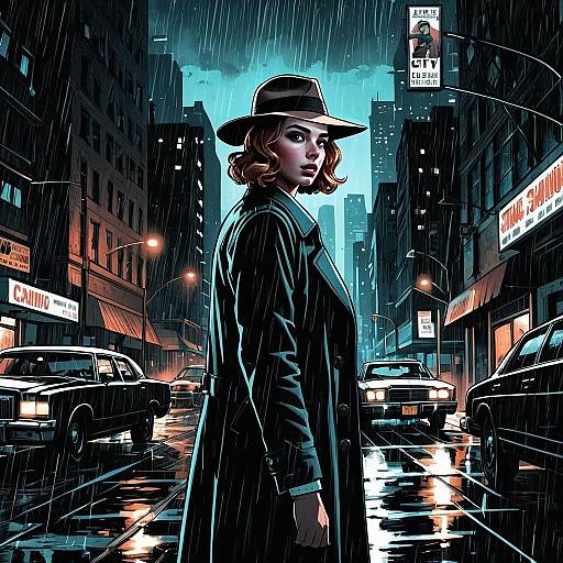 Noir Style Woman in Black Trench Coat on Rainy City Street Digital Art