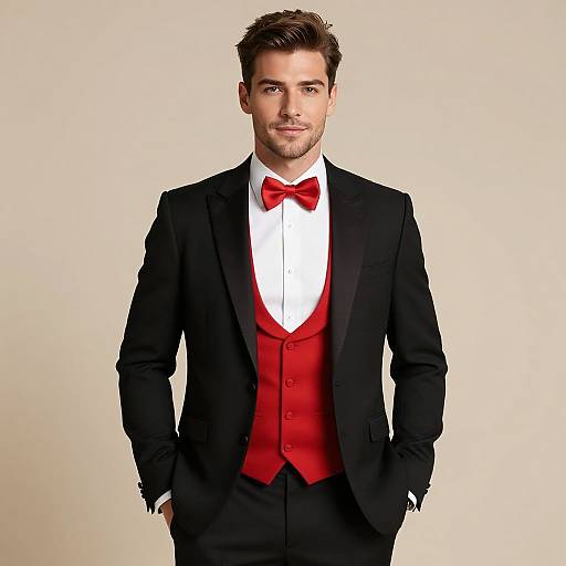 Confident Man in Black Tuxedo with Red Vest and Bow Tie