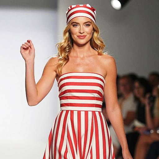 Woman in Red and White Striped Strapless Dress on Runway