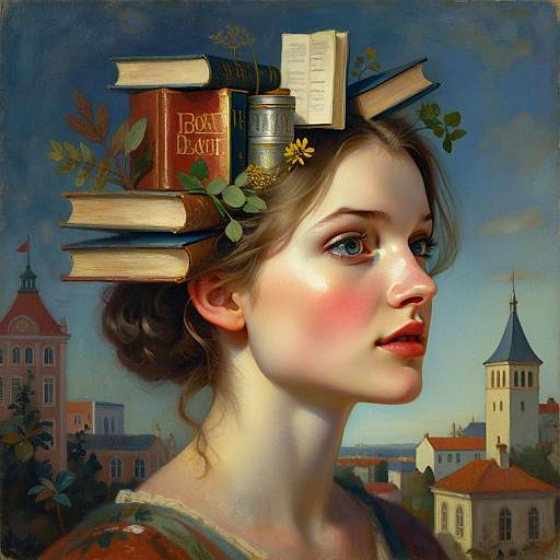 Portrait of Young Woman with Books Headpiece in Classical Style