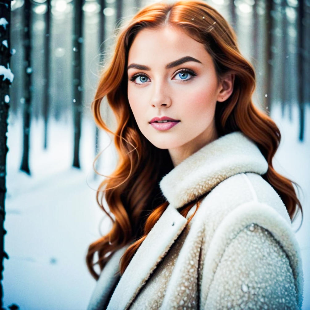 Portrait of a Woman with Red Hair in Snowy Forest