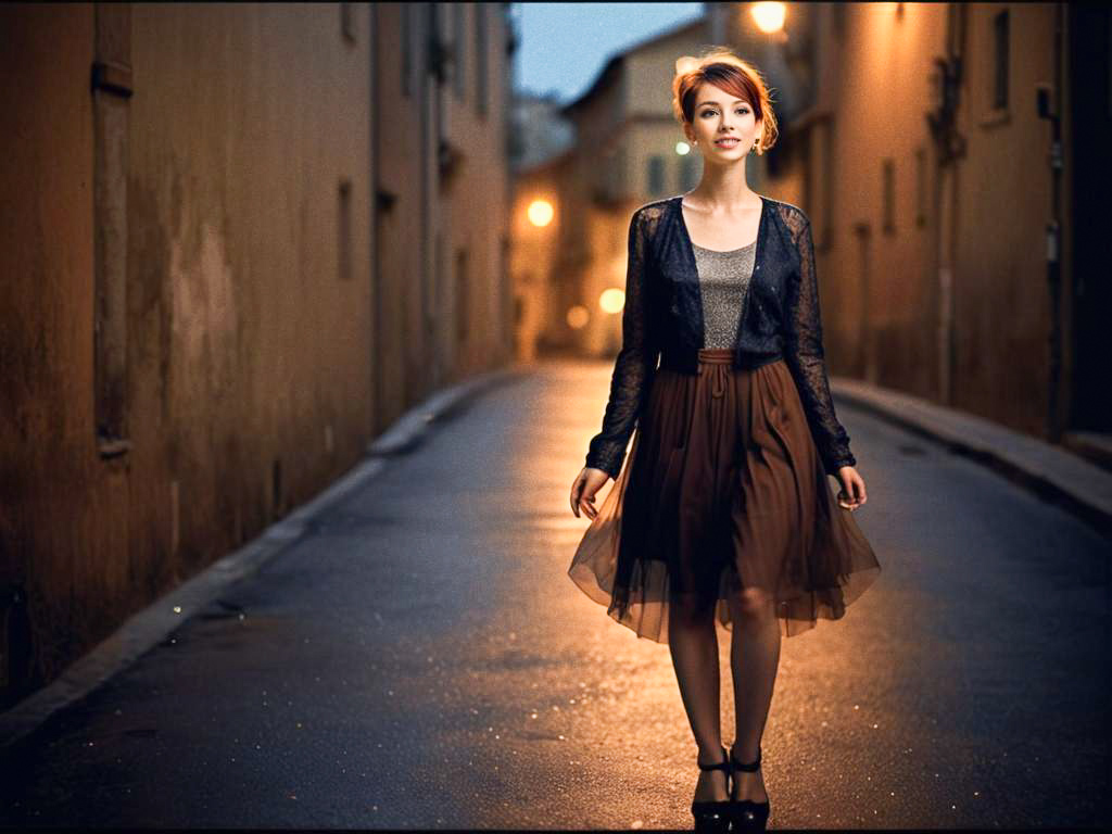 Young Woman in Elegant Fashion on Cobblestone Street