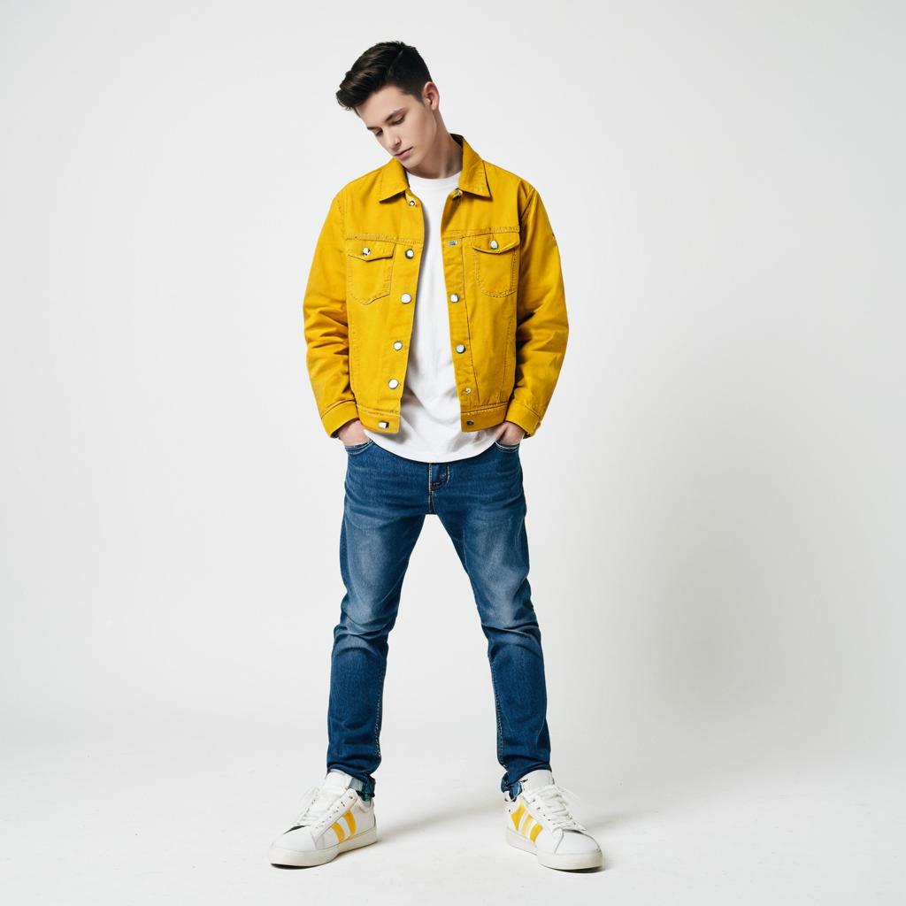 Young Man Wearing Yellow Denim Jacket and White Sneakers Casual Street Style