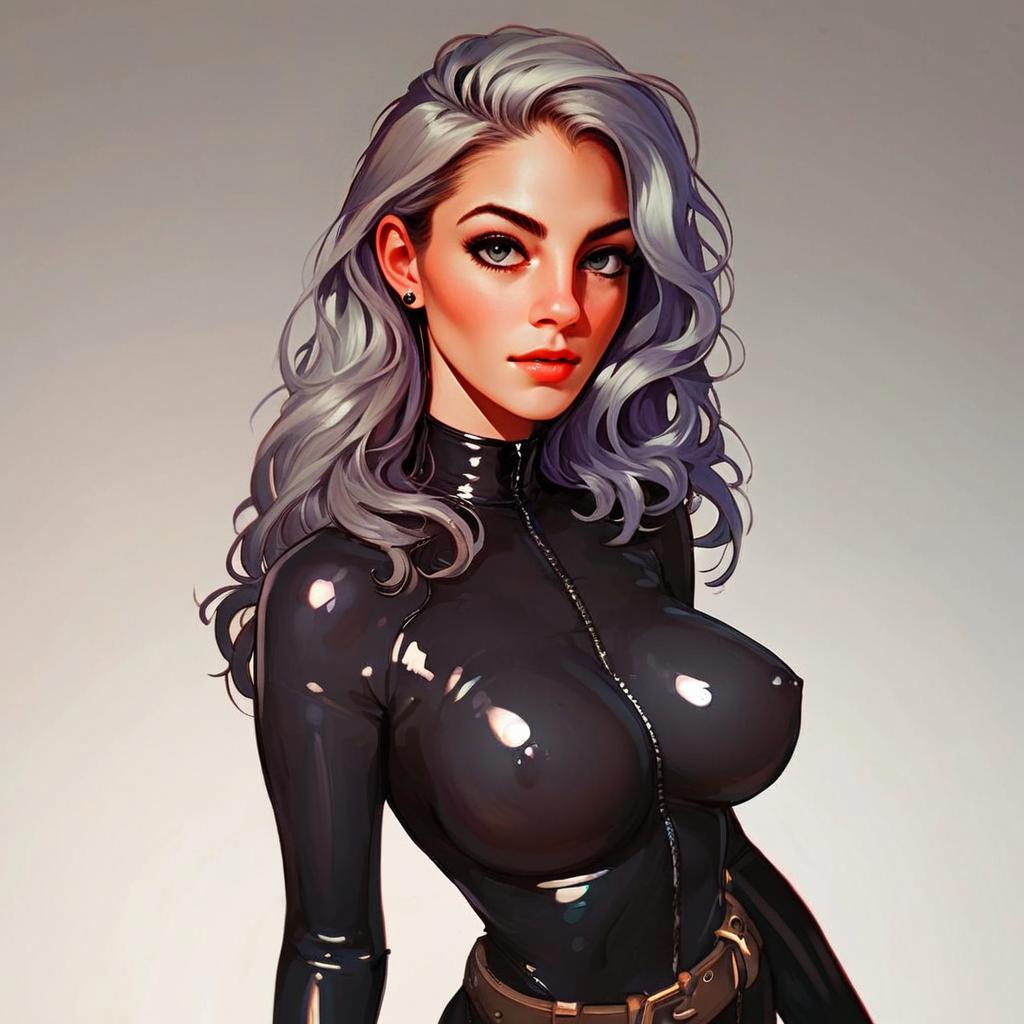 Stylized Digital Portrait of a Woman in Glossy Black Latex Outfit