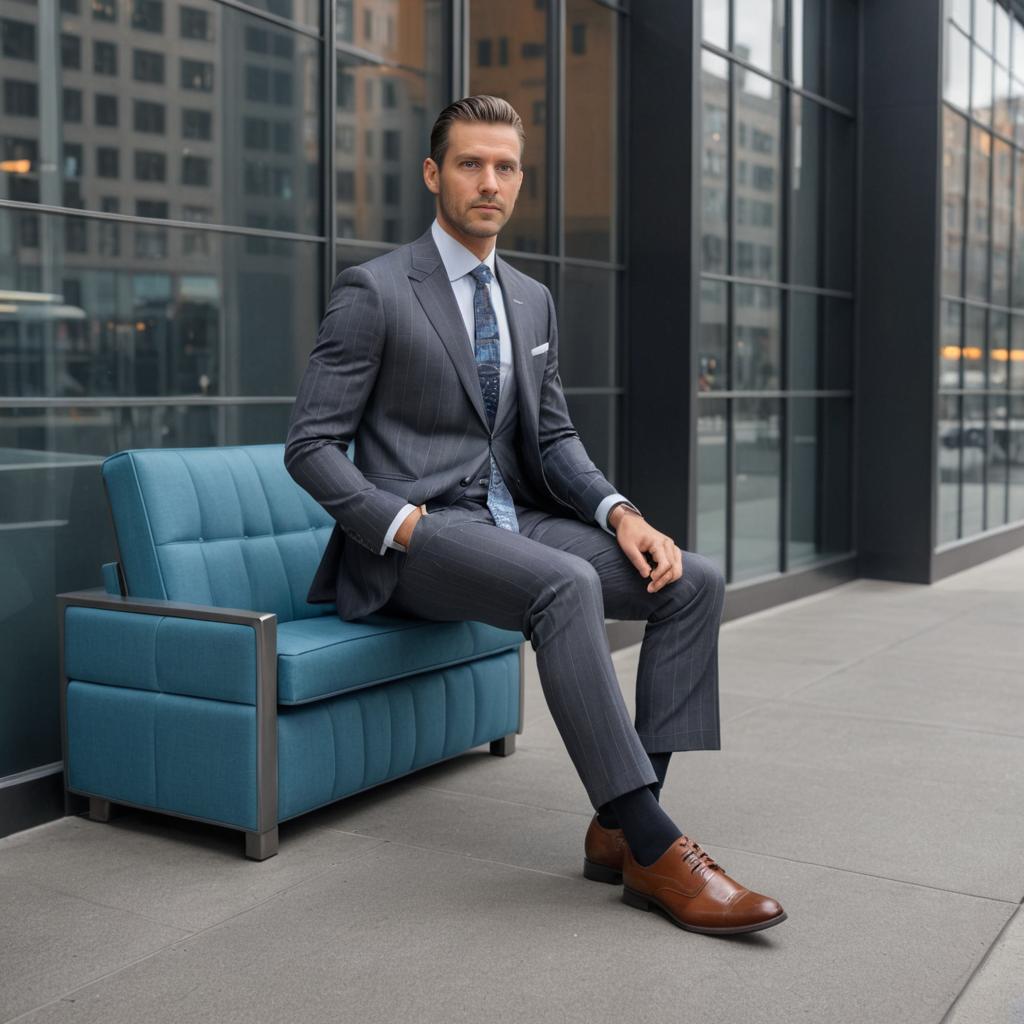 Confident Man in Grey Suit on Blue Couch