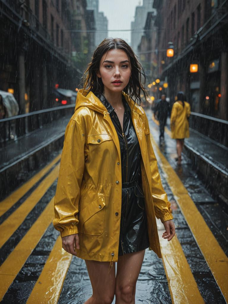 Vibrant Woman in Yellow Raincoat Dancing in Rain