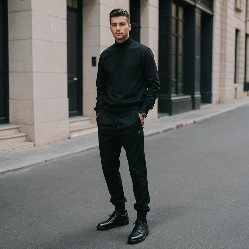 Stylish Man in Black Outfit on Urban Street