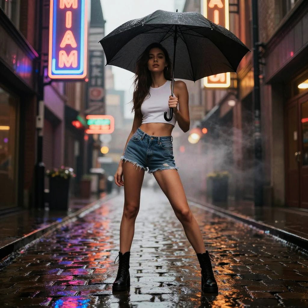 Woman with Umbrella on Neon-Lit Rainy Urban Street