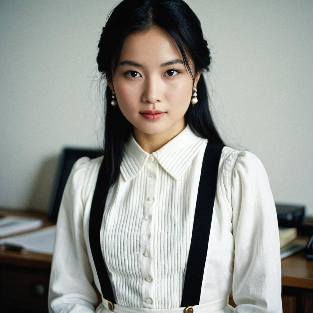 Young Woman in Vintage Blouse with Suspenders