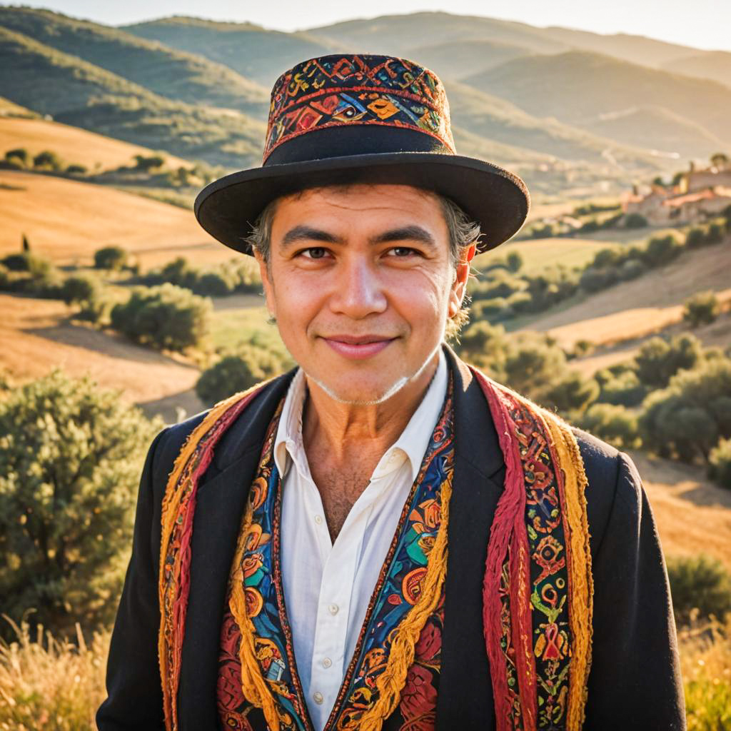 Charming man in traditional attire in a picturesque landscape