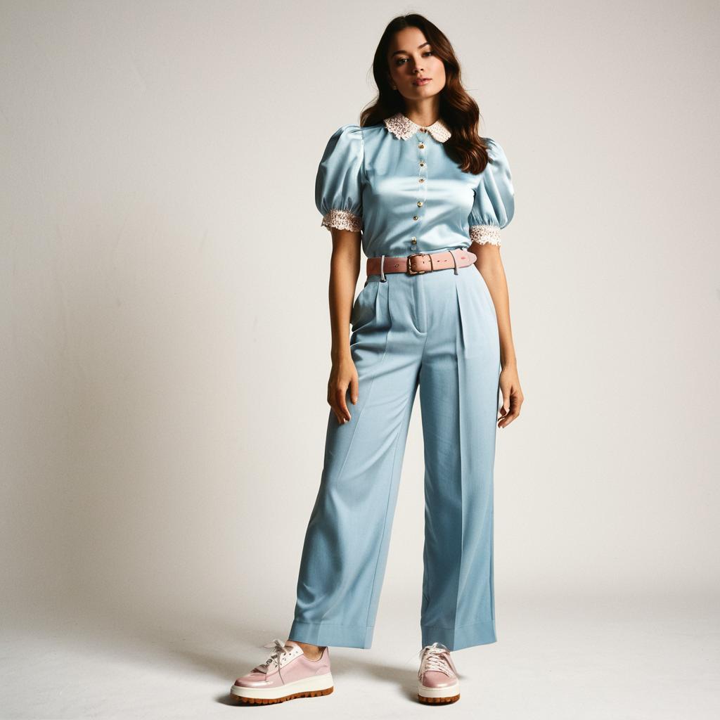 Chic Woman in Light Blue Vintage Satin Outfit with Pink Belt and Sneakers