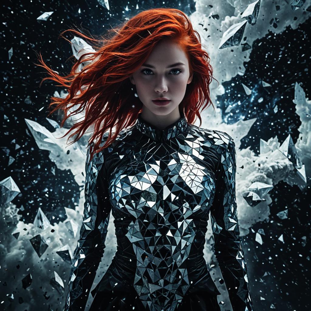 Futuristic Woman with Red Hair in Reflective Mosaic Suit Amid Shattered Glass
