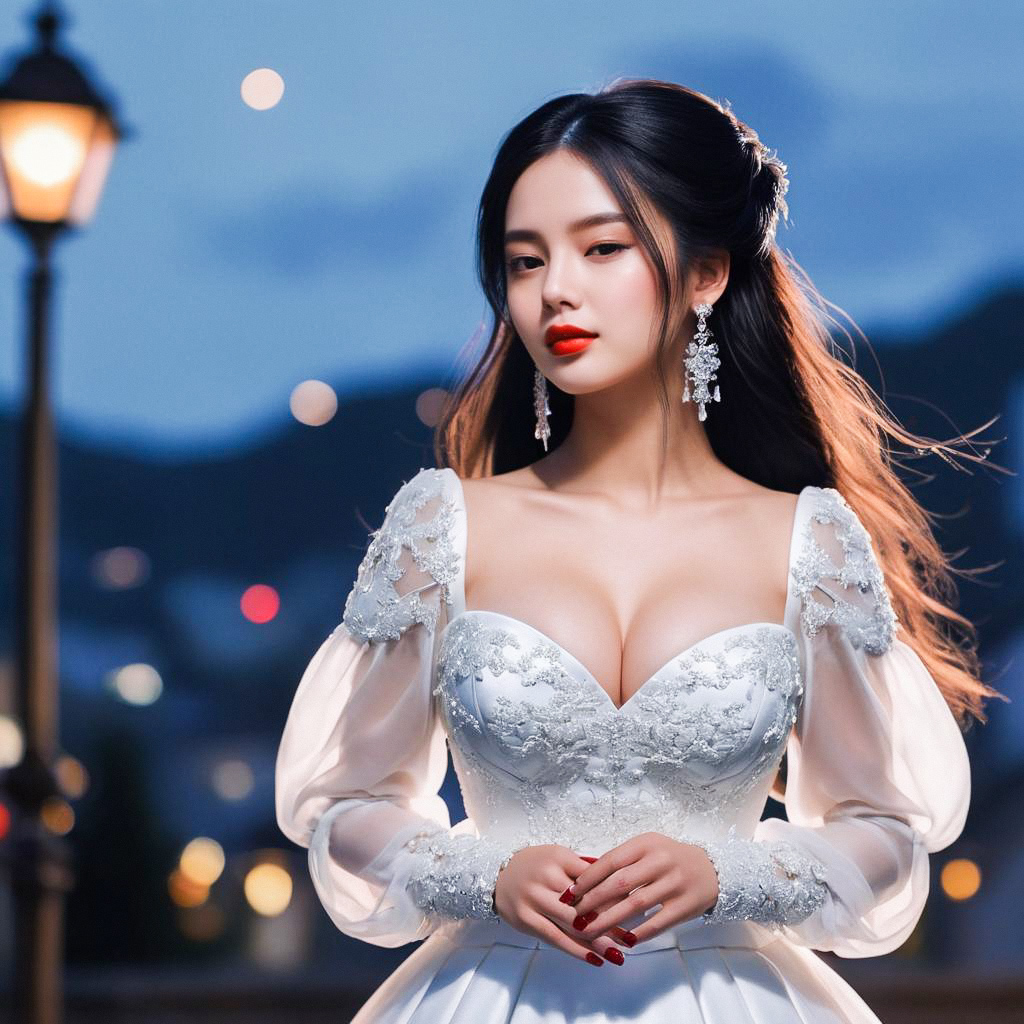 Elegant Woman in White Dress with Lace Details