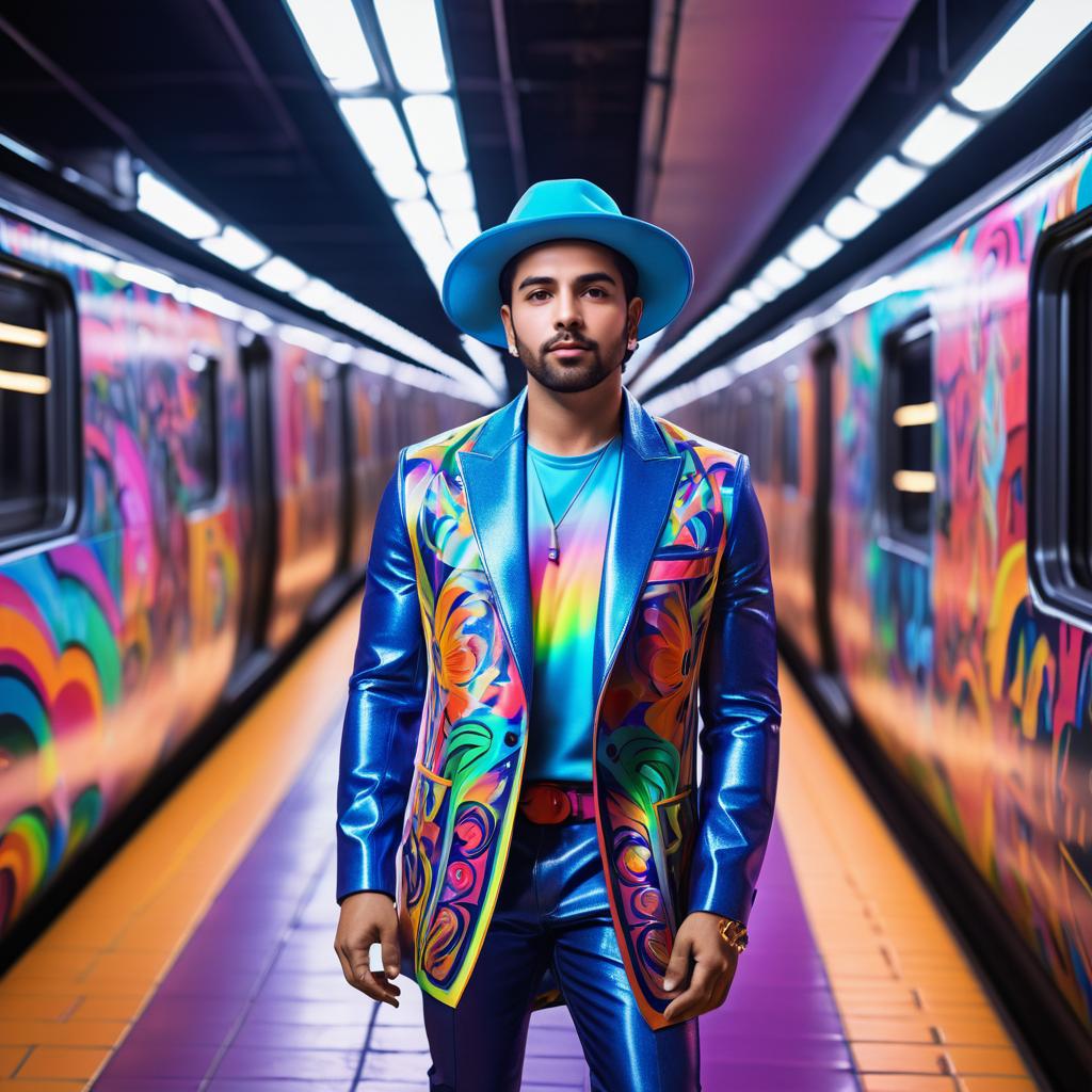 Stylish Man in Multicolored Suit at Subway Station