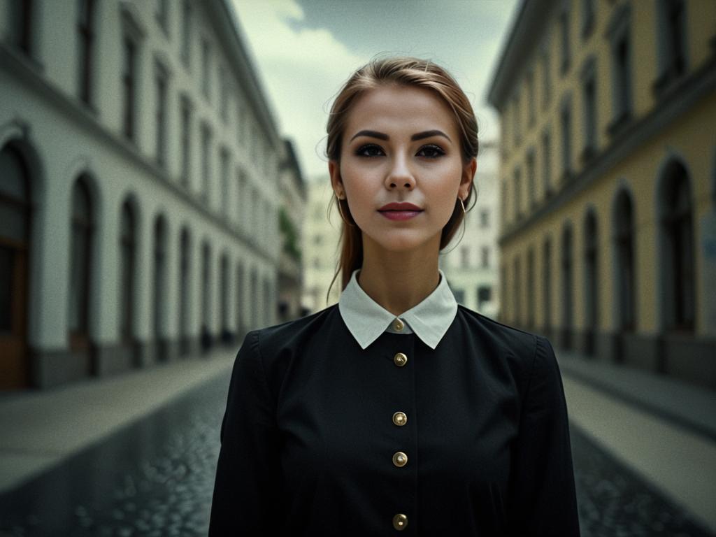 Confident Woman in Black Outfit Against Historic Architecture