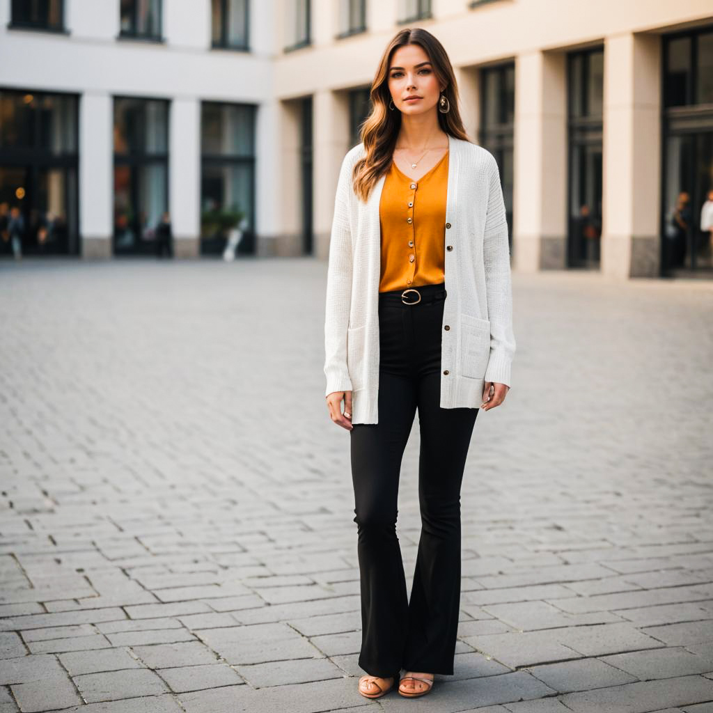 Stylish woman in mustard top and flared pants