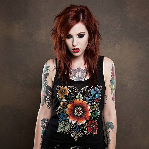 Red Haired Woman with Floral Embroidered Tank Top and Tattoos