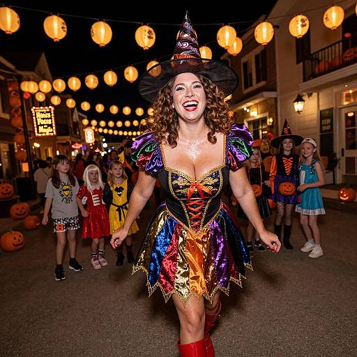 Joyful Woman in Colorful Witch Costume at Halloween Celebration