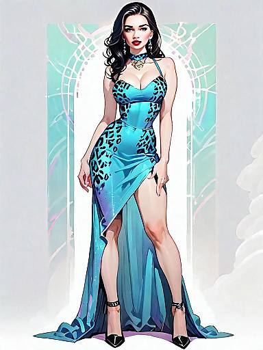 Realistic Comic Style Woman in Blue Evening Gown Full Body Illustration