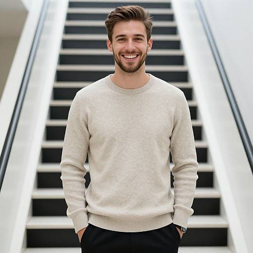 Smiling Young Man in Beige Sweater Standing by Modern Staircase