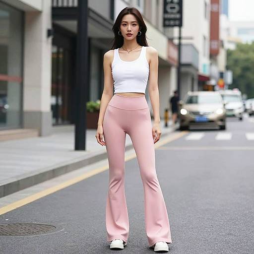 Trendy Gen Z Woman Wearing Pink Flare Pants and White Cropped Tank Top on City Street