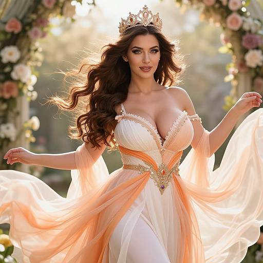 Elegant Woman in Flowing Peach and White Gown with Gold Crown