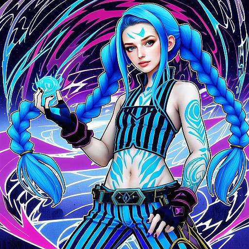 Arcane Jinx Anime Style Digital Artwork with Blue Hair and Energy Orb