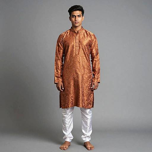 Young Man Wearing Copper Brown Traditional Indian Kurta with White Churidar