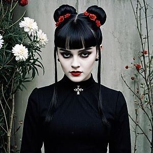 Gothic Woman with Red Flowers