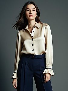Elegant Woman in Satin Blouse and Navy Trousers Studio Portrait