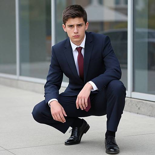 Young Man in Navy Suit Crouching Outside Modern Building
