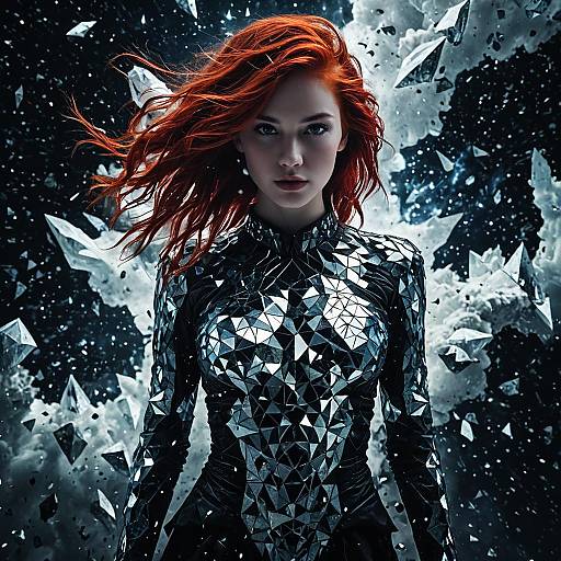 Futuristic Woman with Red Hair in Reflective Mosaic Suit Amid Shattered Glass