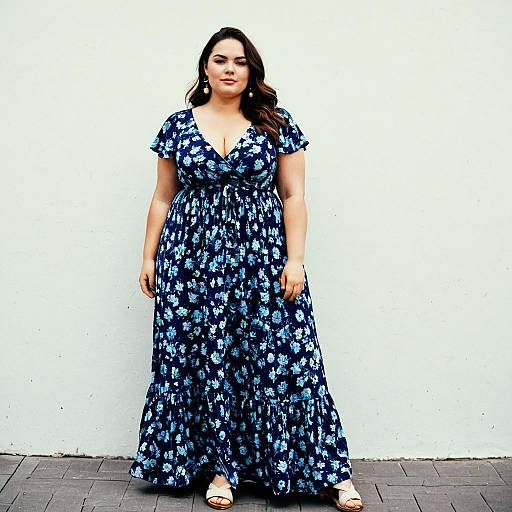 Plus Size Summer Maxi Dress Blue Floral Print Woman