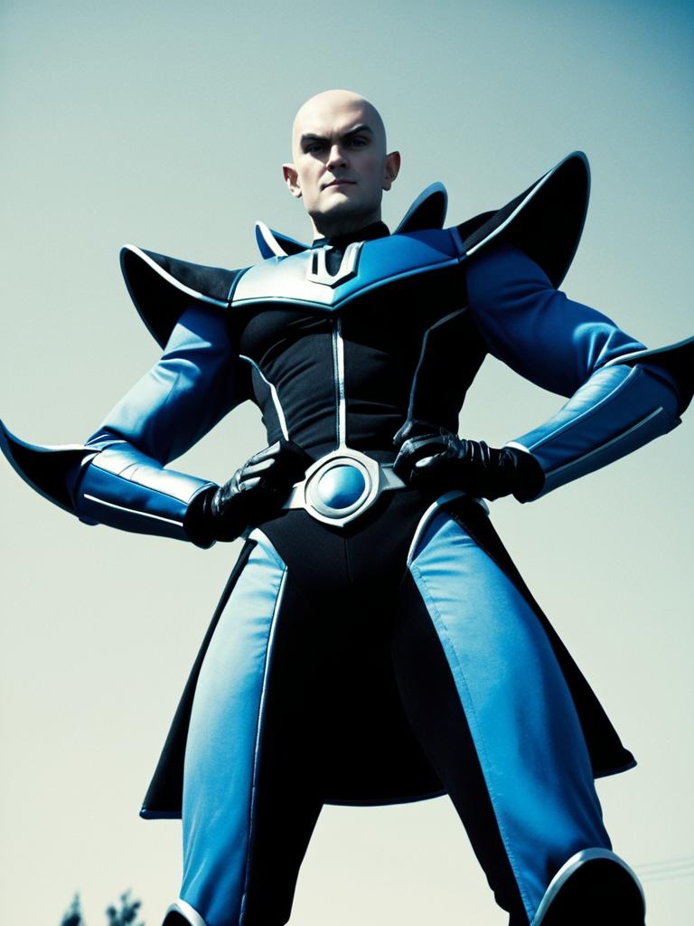 Man in Megamind Costume Cinematic Realism Low Angle Pose Man in Megamind Costume Cinematic Realism Low Angle Pose
