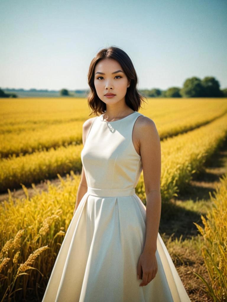 Woman in Sunlit Rice Field - Analog Aesthetics