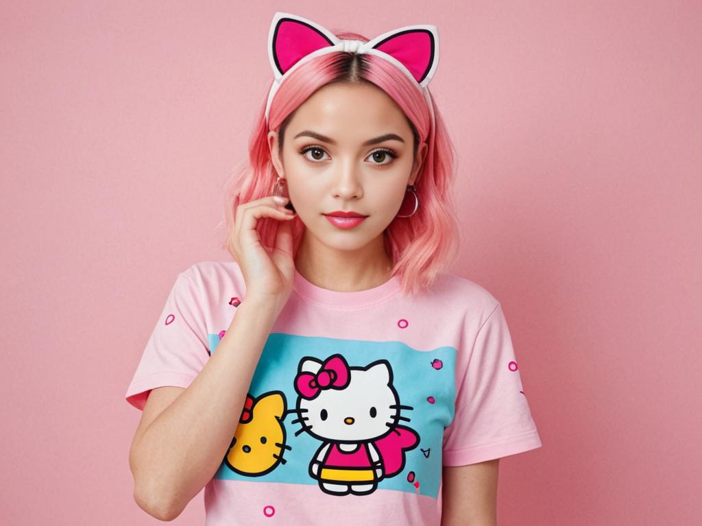 Stylish Woman with Pink Hair in Hello Kitty T-Shirt