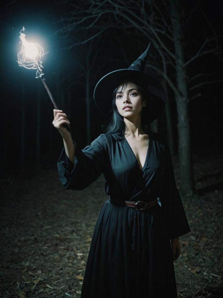 Anime Witch Defending with Magic in Dark Forest