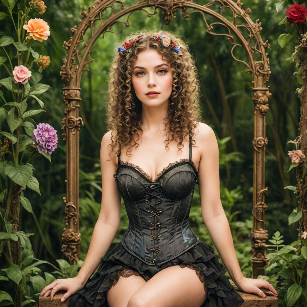 Young Woman in Black Corset with Floral Crown in Garden Arch
