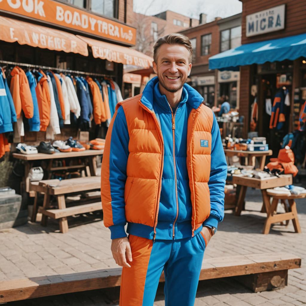 Cheerful Man in Vibrant Outdoor Outfit at Street Market