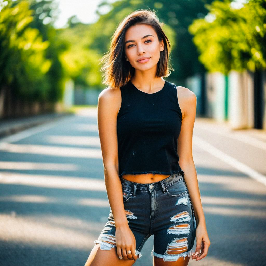 Confident young woman in casual summer outfit on sunlit street